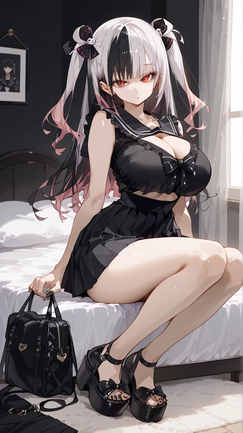 safe_Location, score_9, Alone, Solo Female , Our_(Our_akqj10  ),  satou daji style , Black and white hair, Parting Hair,  multicolored hair,  red eyes,  long hair,  Two Side Up ,   Twin Tail Toile  ,  One Girl , huge breasts,  Wide Hips ,  Thin Thighs,   long legs 、 beautiful feet ,  mouse mask, Black nails,  Platform Footwear , I'm going to sit on a pink bed, Cleavage, bag,  hair ornament,   Pink High Waist Skirt  ,  pleated skirt at the top of the screen,   Black Ruffle Shirt  , frilled sleeves, Sleeveless,  black shirt, black sailor collar,   Black and White Outline Neck Bow, half closed eyesカウボーイ射撃,  Watching Viewers 、(bedroom、ings、(In the bedroom of a love hotel:1.5),