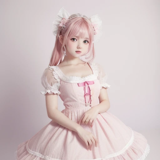 Super delicate cute girl wearing a ta dress with pink hair. 8K ultra-high image quality, delicate texture, pure white background.