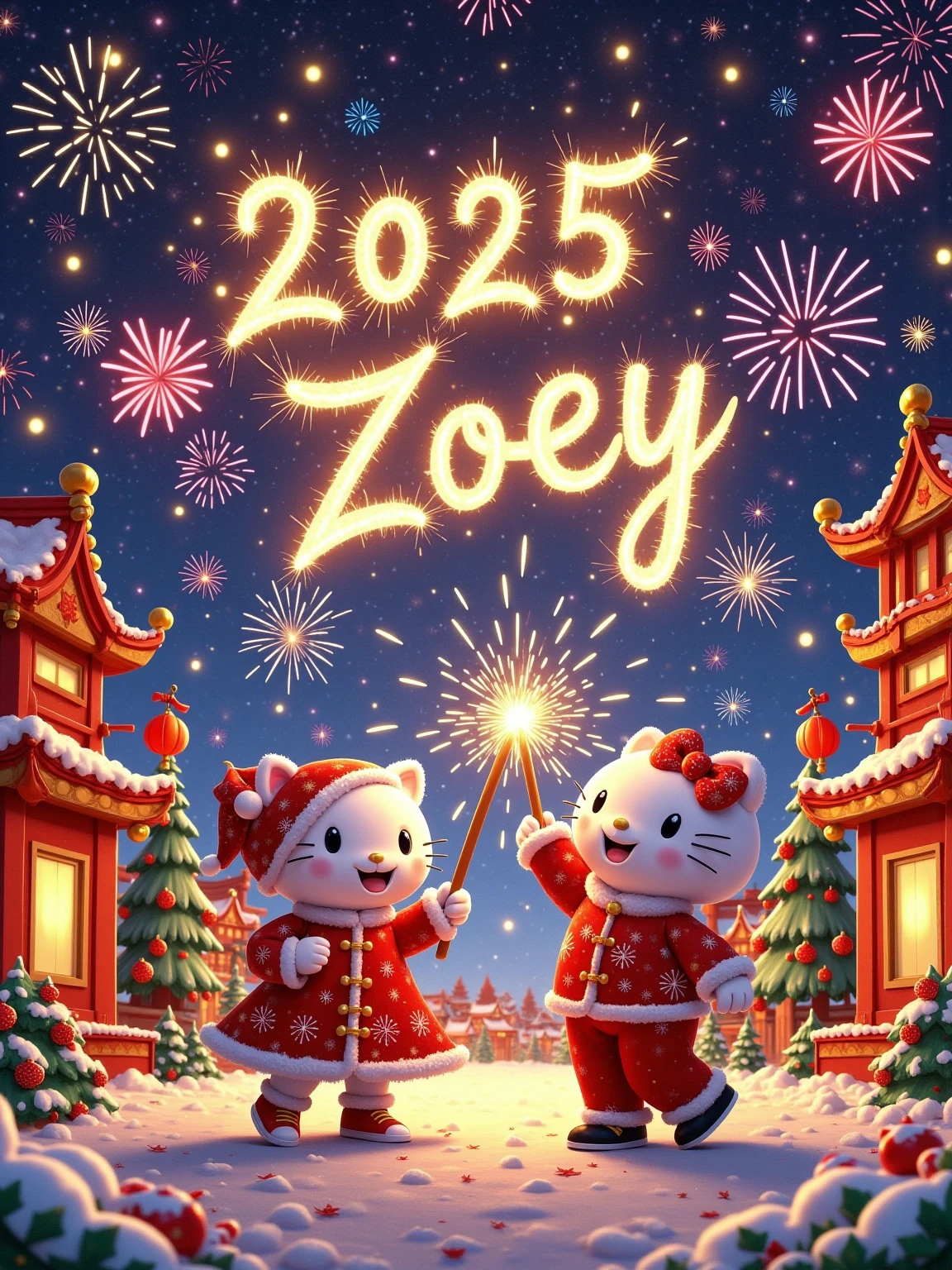 2025 New Year theme,red as the main color with golden accents,cartoon characters wearing festive New Year outfits,cheerful expressions,fireworks,red lanterns,Chinese knots,dynamic composition,tents replaced with red pavilions or New Year decorations,promotional text "Happy New Year 2025," "Everything goes well," strong holiday atmosphere