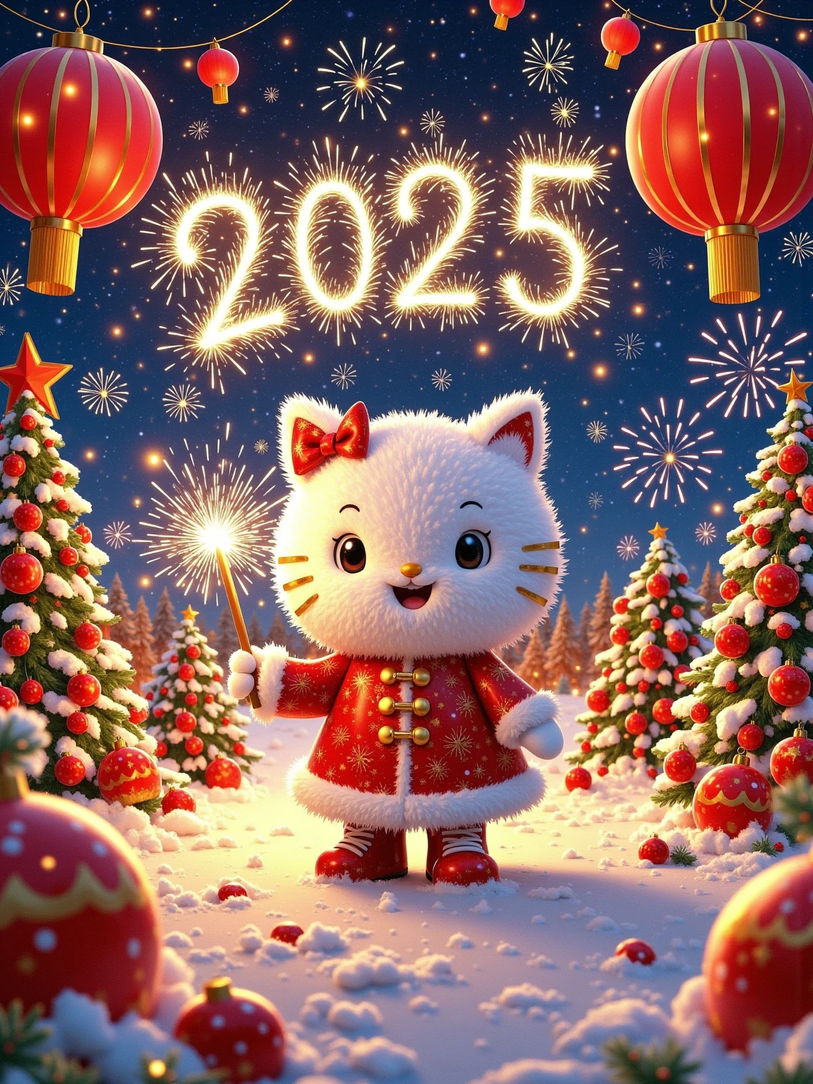 2025 New Year theme,red as the main color with golden accents,cartoon characters wearing festive New Year outfits,cheerful expressions,fireworks,red lanterns,Chinese knots,dynamic composition,tents replaced with red pavilions or New Year decorations,promotional text "Happy New Year 2025," "Everything goes well," strong holiday atmosphere