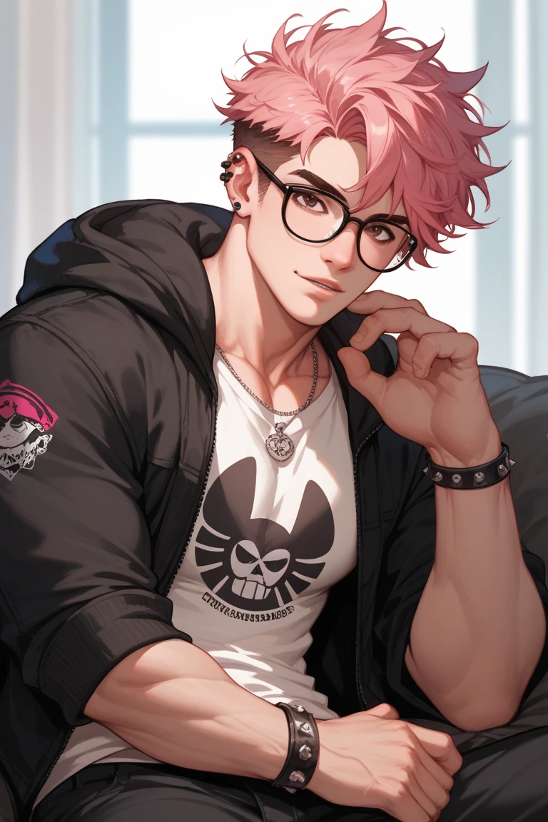 Handsome man, glasses, sexy, muscular, light pink shaggy hair, BROWN EYES, emo style, clothed