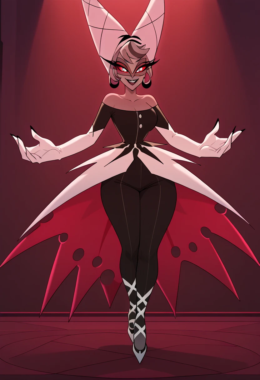 Carmilla_Carmine,score_9, score_8_アップ, score_7_アップ,gray skin,hair is tied up in split into two cones, Black dress, white elbow gloves, bare shoulders, lace shoes, short hair, smile,(huge juicy breasts:1.2),breasts, has long eyelashes,dress, ,Black Lip,grey sclera,pigmented sclera  ,red pupils,gray hair,Big Breasts, wide butt, , (Alone), viewers , indoor,whole body,big hands, ballet shoes Pointed Toes, Detailed face, Detailed eyes