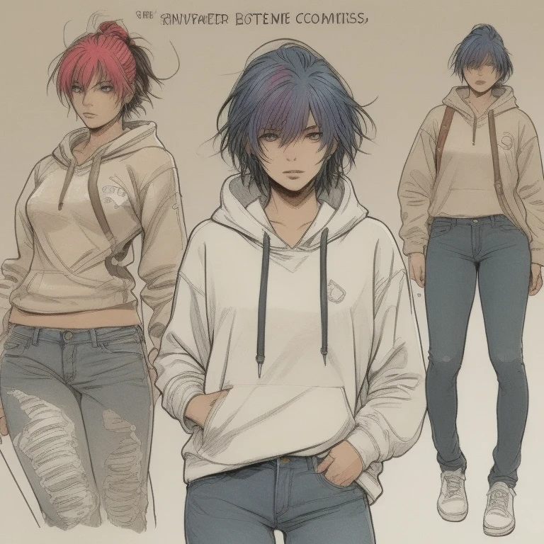 A woman's head from anime comics with colored hair, jeans,  hoodie, University class ,  talk to classmates