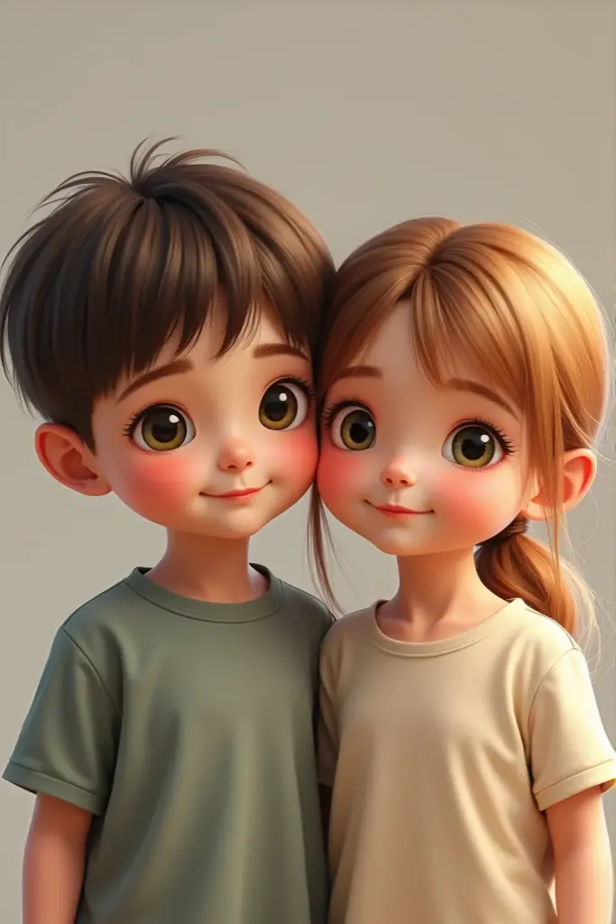 
I want you to create an image of my children, are a couple, they are , he is  and is the oldest, Now I&#39;m going to talk about my characteristics and my boyfriend&#39;s so you can create an image of them., I have green eyes, It is a mix of colors with green in the middle and yellow in the middle., my eyebrow is arched, I have a rounded nose that is a little chubby on the sides, I&#39;m chubby and short, I have light brown hair that turns reddish in sunlight., meu namorado is high, has straight and slightly frizzy hair, has dark eyes, brown tone, his nose is slightly pointy, but it&#39;s not ugly, is high, now make a super realistic picture of what they would look like, please remember that they are children, so keep the image with the essence of a child