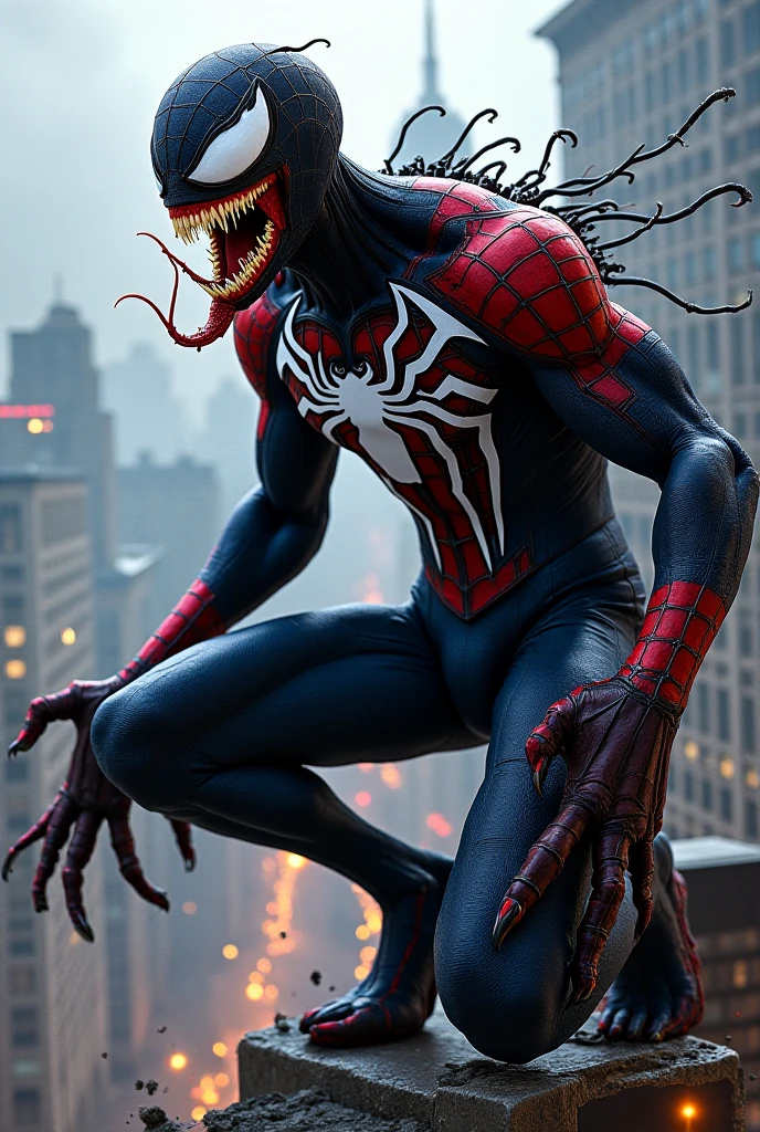 「Dark and eerie night city background、Spider-Man's iconic red and blue suit has been completely taken over by Venom's black symbiote.、It has transformed into a horrible sight。The entire suit has a jet black luster.、It moves smoothly, almost as if it were liquid and alive.。On the chest is the white spider emblem, the symbol of Spider-Man.、It is depicted in a sharply distorted form.、Entangled in a black symbiote。The eyes shine eerily sharply、Unlike regular Spider-Man eyes、It emits a cold light like a wild beast.。
Behind him are countless tentacles of the symbiote.、It stretches and undulates like a living thing.、At the tip of the blade is a sharp claw。The tentacles wrap around the surrounding buildings.、Moving as if trying to catch prey。Spider-Man's pose is aggressive、The hands that have taken on the shape of claws are sharp.、I'm about to tear something apart。The whole atmosphere is gloomy、The film emphasizes how Spider-Man, a dark hero, descends into evil under the influence of Venom.。」