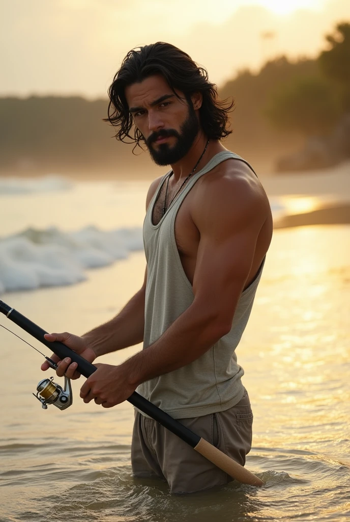 Man on the beach with some tattoos 

