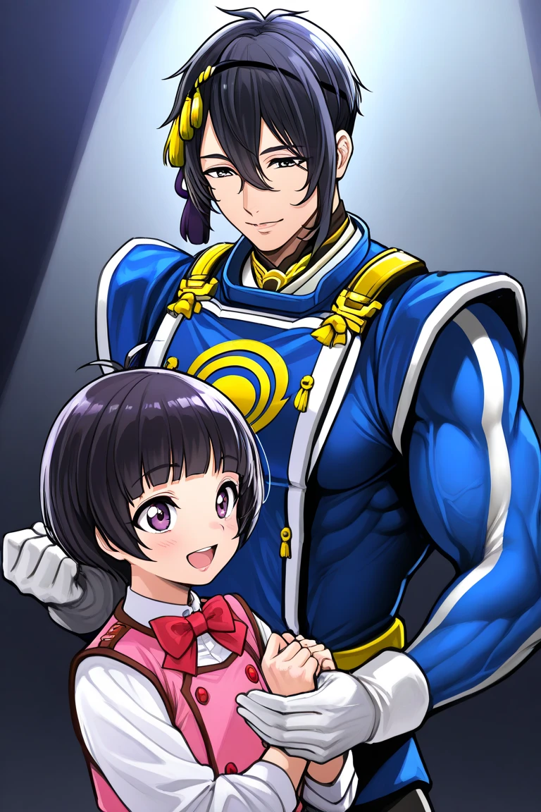    Japanese , beautiful young Mikazuki Munechika with a cool and handsome face ,  Handsome Idol , Sentai Hero, 光沢のあるSentai Heroスーツ,   Toned Muscles,  is tall,   mash hair 、壁際に追い詰められたSentai Hero, Please raise your hands and surrender 