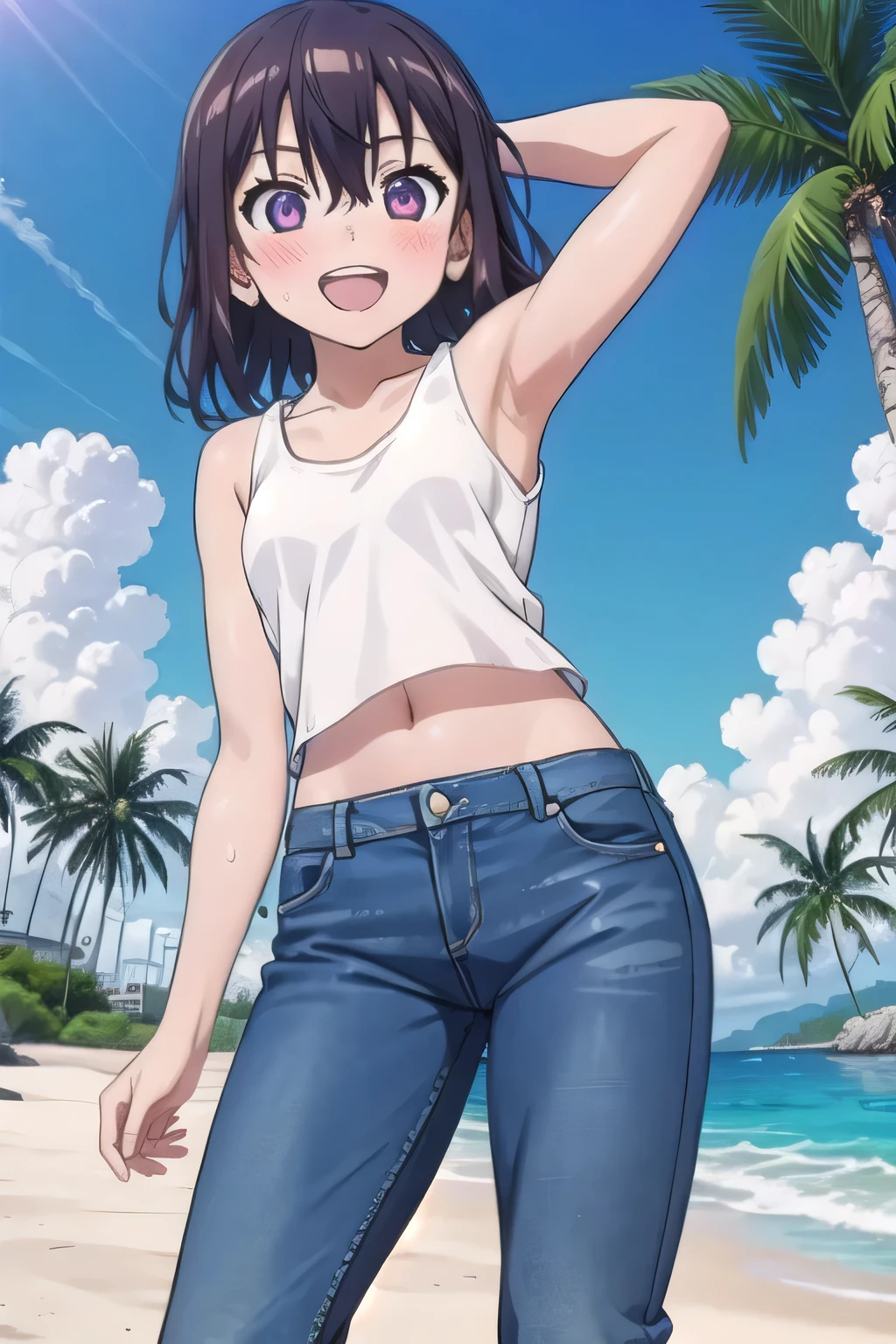 masterpiece,best quality,ultra detail, 1girl, 14yo, petite, ((round face, ecstasy, orgasm face, drooping eyes, shame smiling, blush)), dropping eyes, sleepy, background((under the beach, (day:1.2), palm tree, bright sky)), Himeragi Yukina, (medium hair:1.2), arms behind head, contrapposto, spread armpits, ((invisible hands, invisible fingers)), looking at viewer,, (white tank top:1.2), (white crop top:1.2), (jeans pants:1.2, flares jeans:1.2, skinny jeans:1.2, blue jeans:1.2), standing, (legs spread:1.2), sex pose, Sweaty crotch, Steam from the crotch, from below, full medium body