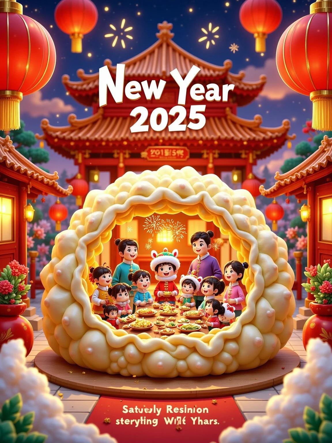 2025 New Year theme,red as the main color with golden accents,cartoon characters wearing festive New Year outfits,cheerful expressions,fireworks,red lanterns,Chinese knots,dynamic composition,tents replaced with red pavilions or New Year decorations,promotional text "Happy New Year 2025," "Everything goes well," strong holiday atmosphere