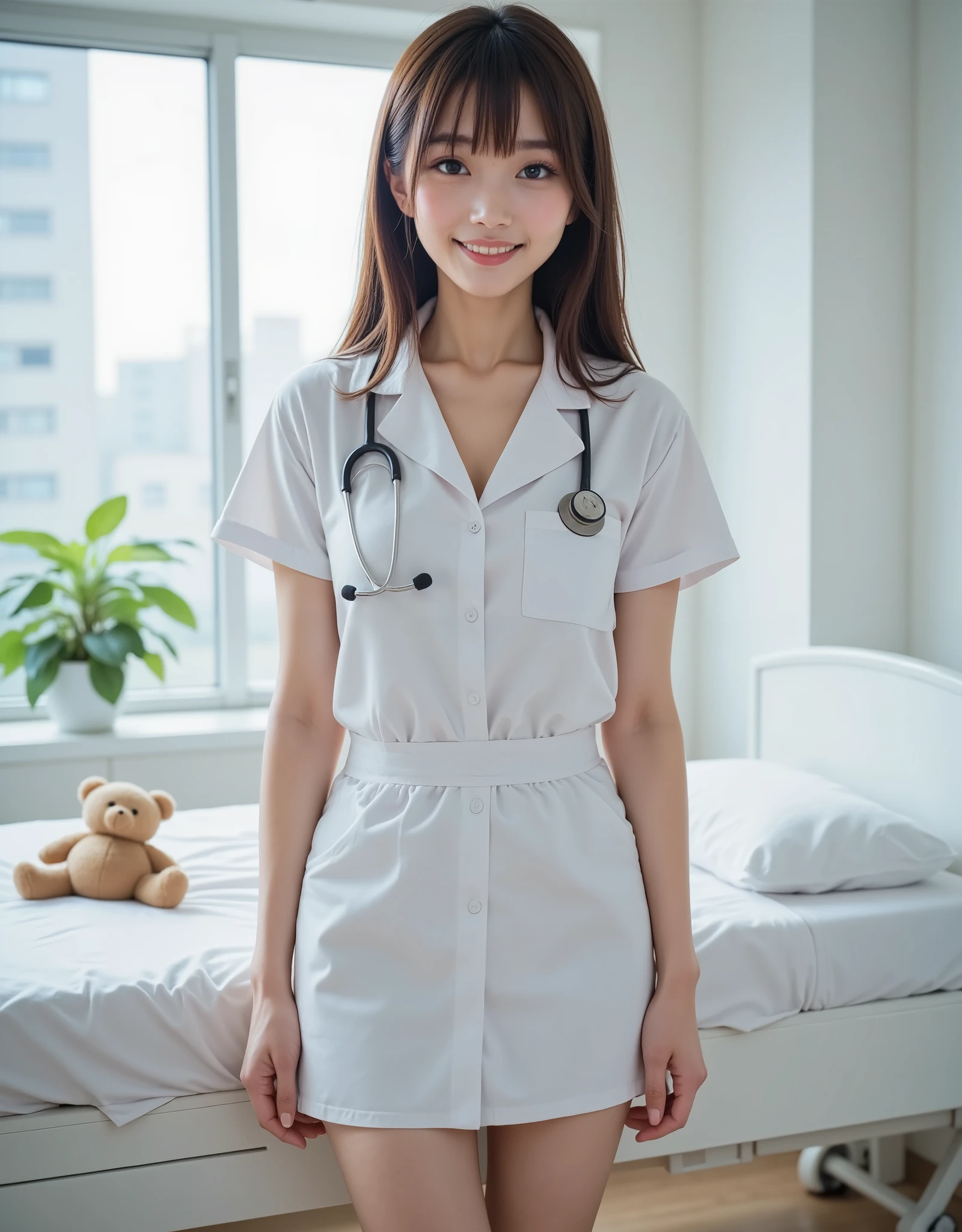 Ultra High Definition “Pretty, cute and innocent image Surreal beauty An 20-year-old Japanese girl with big eyes is smiling broadly in a stylish, sophisticated, sexy and fashionable ultra-miniskirt She is wearing a nurse's uniform and stands next to a white bed in a hospital with a stethoscope hanging around her neck Bright reflected light makes her long legs look gorgeous and attractive Tall and working as an AV model in Japan, she specializes in sexiness with her slender body Ultra low angle shot taken from the bottom up with a 50mm lens, showing her knees to highlight her long legs. . The lighting is even and bright, with bounced light illuminating the lower half of her body, creating a bright, energetic, and playful expression. She is wearing black shoes and there is a small teddy bear on the floor. Ultra high quality “Pretty, cute and innocent image surreal beauty 20 year old Japanese girl with big eyes is smiling broadly with a sophisticated and stylish look, she is wearing a sexy and stylish ultra miniskirt and standing next to a white bed in a hospital with a stethoscope hanging around her neck, her long legs look gorgeous and attractive with bright reflected light She is tall and working as an AV model in Japan, she specializes in sexiness with her slender body This is an ultra low angle shot taken from the bottom up with a 50mm lens, showing her knees to emphasize her long legs. She is wearing black shoes and there is a cute little teddy bear next to her shoes . The lighting is even and bright, with bounced light illuminating the lower half of her body, creating a cheerful, energetic, and playful expression. She is wearing black shoes, and there is a small teddy bear on the floor.