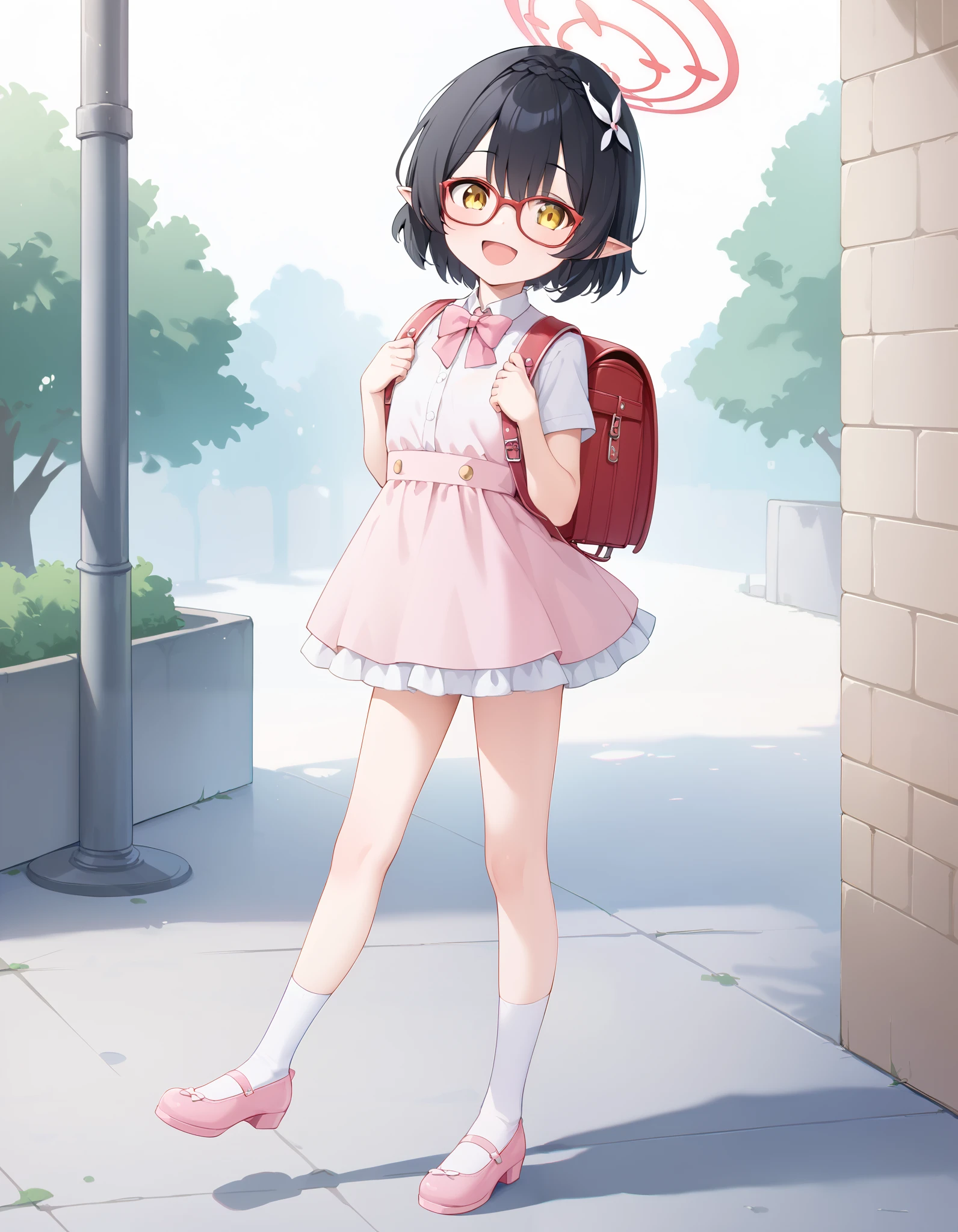 Hd, (littlegirl:1.2) (slender body) (thin body), ayane \(blue archive\), smile, happy,yellow eyes,short hair,black hair,glasses,pointy ears,hair flower,halo, flat breasts, (white skin) happy and confident expression. full body, (ch1ldren playing), short girl, cute girl, (loli:1.2), (ch1ldren:1.2),  long straight hair, thin legs, flat chest, flat breasts. (happy, smile, cheerful), Standing, outdoor, wearing party dress, white and pink dress, frilly dress, short sleeves, white socks, pink shoes, pink bowtie, wearing randoseru backpack, red backpack 