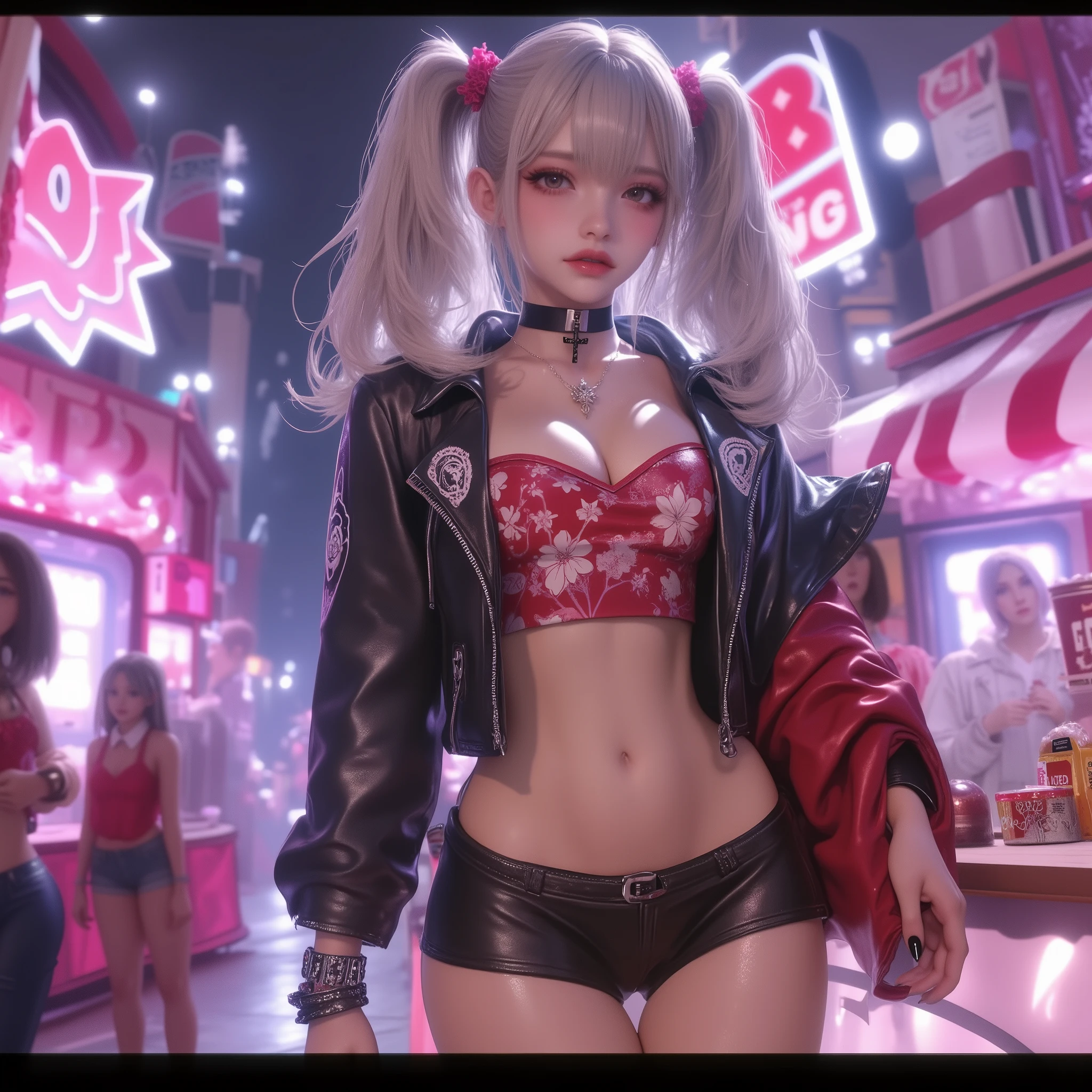 A stunningly realistic 3D illustration of a fashionable and sexy anime woman with spunky personality. She is wearing a designer tube top, leather jacket, and short shorts. Her busty and slender figure is accentuated by a choker with a cross pendant and a stylish bracelet. Her long silver hair is styled in twintails, adorned with cute hair ornaments, and frames her beautiful face. She stands confidently inside a vibrant candy store, amidst a blend of modern architecture and classic design. The overall ambiance is an exciting mix of fashion and fantasy, capturing the essence of urban life and anime aesthetics., fashion, anime, vibrant, architecture, illustration, 3d render