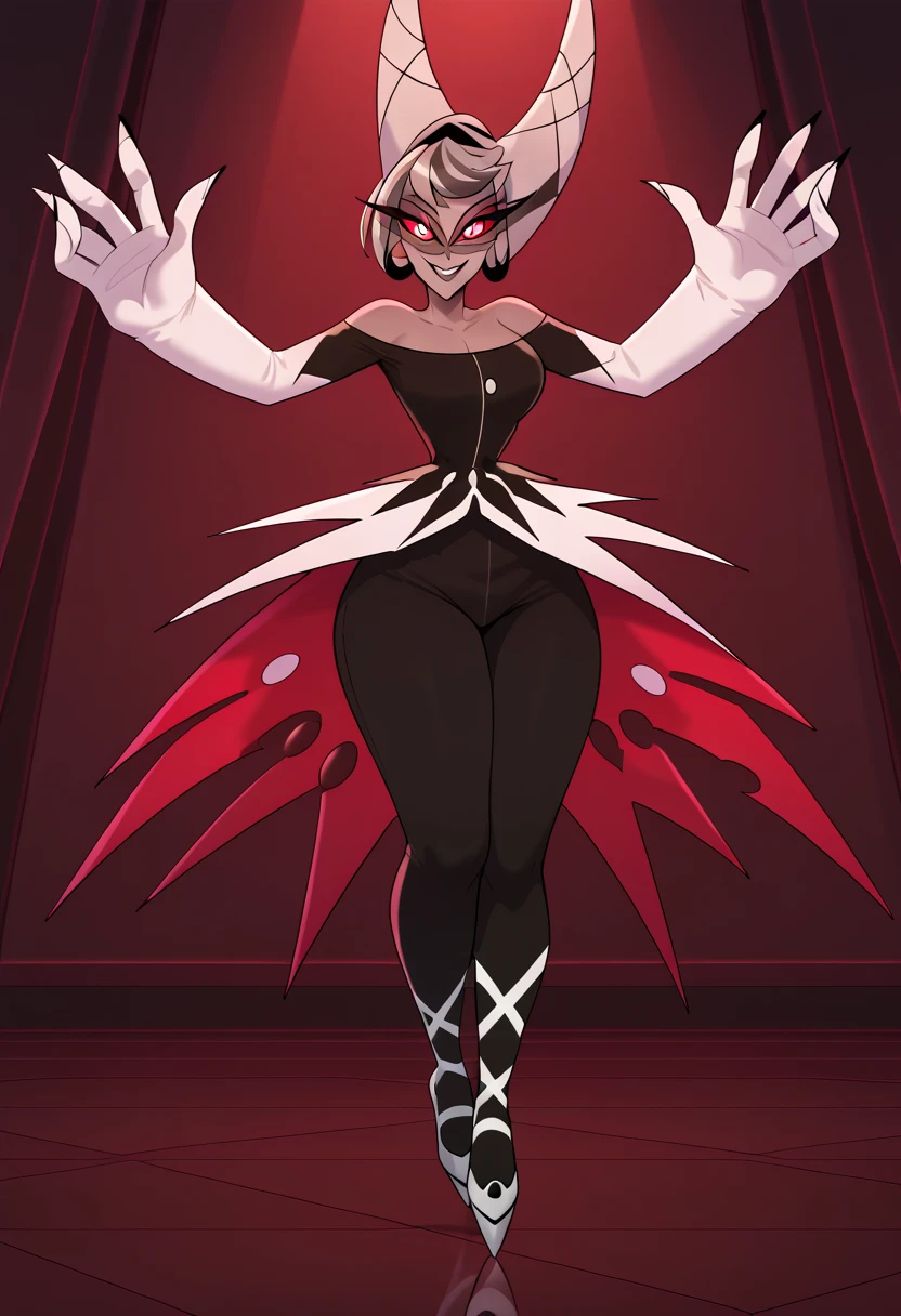 Carmilla_Carmine,score_9, score_8_アップ, score_7_アップ,gray skin,hair is tied up in split into two cones, Black dress, white elbow gloves, bare shoulders, lace shoes, short hair, smile,(huge juicy breasts:1.2),breasts, has long eyelashes,dress, ,Black Lip,grey sclera,pigmented sclera  ,red pupils,gray hair,Big Breasts, wide butt, , (Alone), viewers , indoor,whole body,big hands, ballet shoes Pointed Toes, Detailed face, Detailed eyes