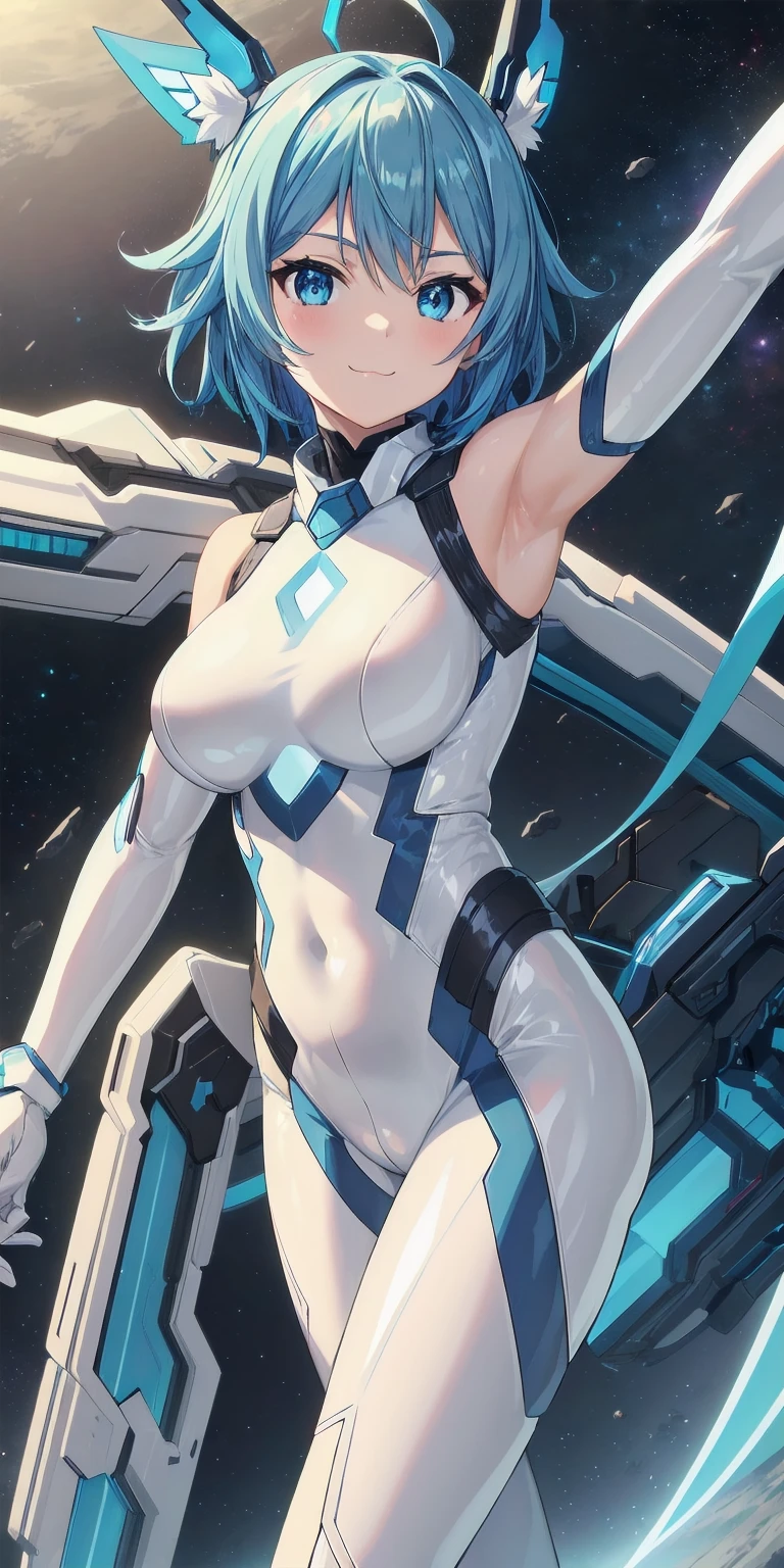 1girl, solo, tailblue, medium hair, blue hair, perfect face, blue eyes, looking at viewer, cute, smile, :3, uwu, closed mouth, big breasts, (shiny white latex bodysuit:1.2), white elbow gloves, space in background, cowboy shot, scifi, masterpiece, high resolution, best quality,