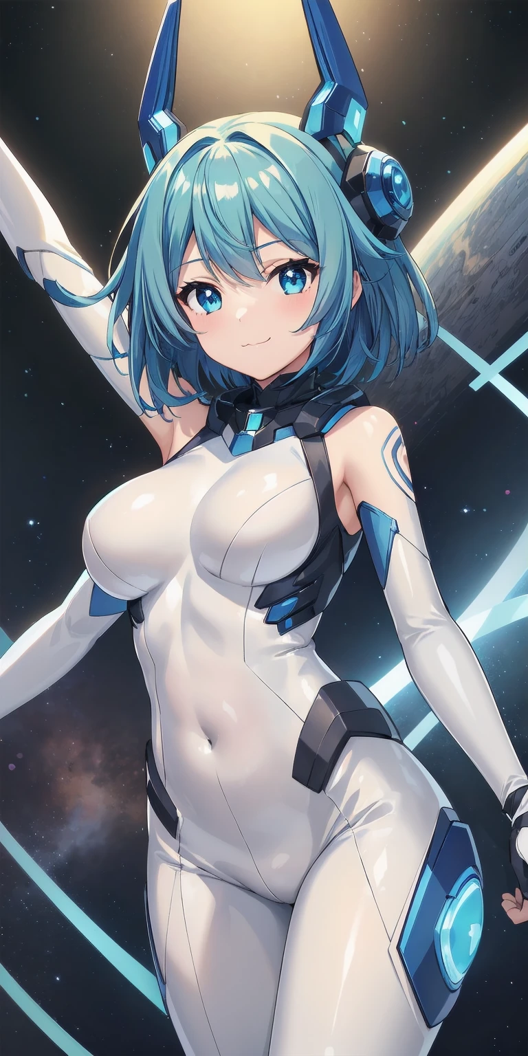 1girl, solo, tailblue, medium hair, blue hair, perfect face, blue eyes, looking at viewer, cute, smile, :3, uwu, closed mouth, big breasts, (shiny white latex bodysuit:1.2), white elbow gloves, space in background, cowboy shot, scifi, masterpiece, high resolution, best quality,