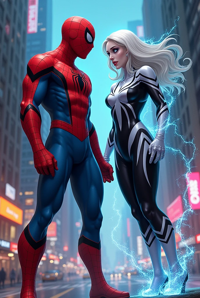 spider man e Ghost spider, two with in a black bodysuit with a spider in the center of his chest in white, organic-looking clothing, slime texture, symbiote, white eyes, fine art, ps5 cinematic screenshot,highly detailed detailed cinematic rendering, raytricing ultra fotorrealista, com iluminação cinematográfica, black hair, Surrealism, 8k, super detail