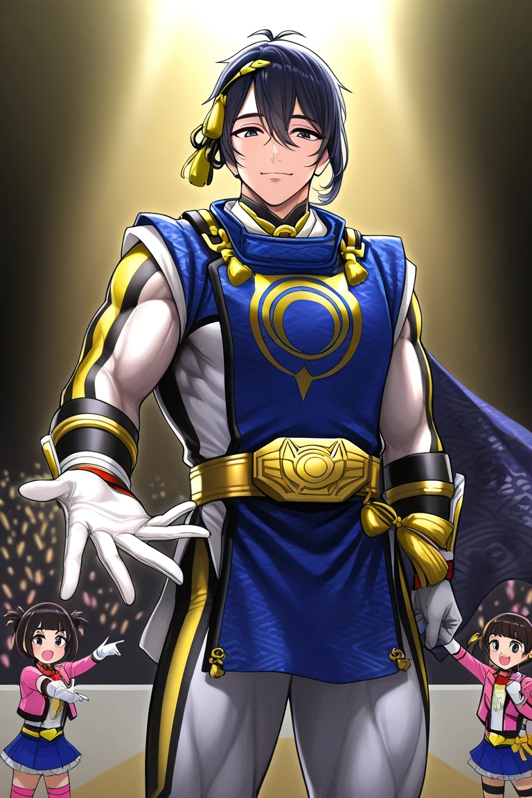    Japanese , beautiful young Mikazuki Munechika with a cool and handsome face ,  Handsome Idol , Sentai Hero, 光沢のあるSentai Heroスーツ,   Toned Muscles,  is tall,   mash hair 、壁際に追い詰められたSentai Hero, Please raise your hands and surrender 