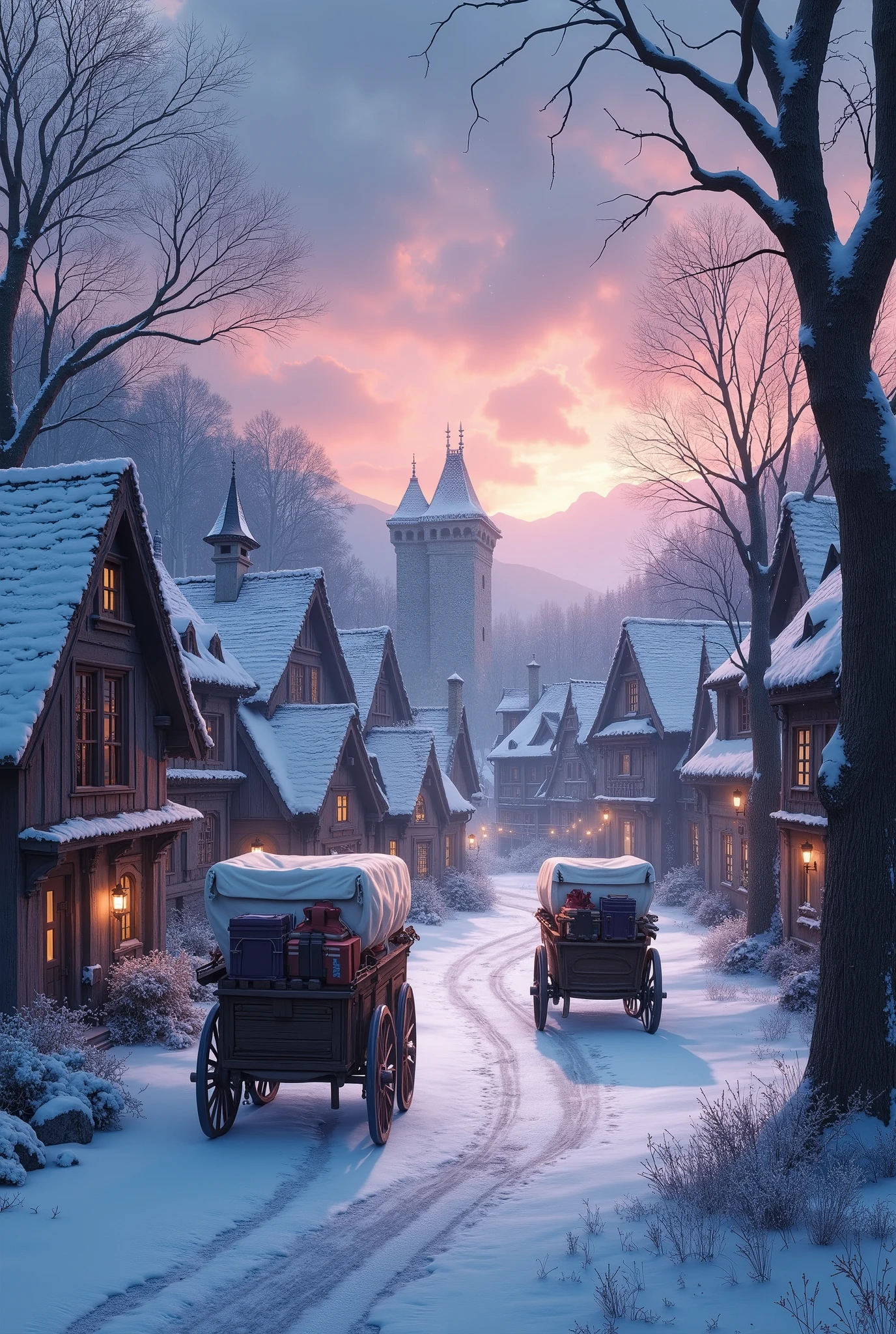 final fantasy , (( Top Quality )), ((masterpiece)), ( Detailed ), winter, Dawn, dawn, In the forest, Two wagons full of luggage stand in the square of a small medieval town.