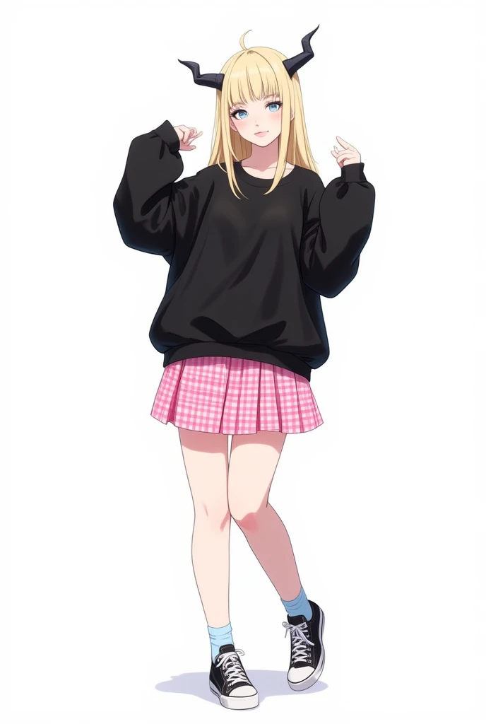 girl, blue eyes, pale yellow hair, long hair, headband with small black horns, kawaii, short pink checkered skirt with black, loose black shirt with long sleeve, white and black canvas shoes, tall of stature, Modern Anime Style, A detailed illustration of a female outfit featuring a black oversized sweater with long sleeves, paired with a short pink plaid skirt that flares slightly outward. The outfit is completed with black low-top sneakers featuring white laces, worn with light blue socks, emphasizing clean lines, realistic fabric textures, and proper proportions. The background is plain white, focusing entirely on the clothing and accessories. Full Body, happy, raising his hands