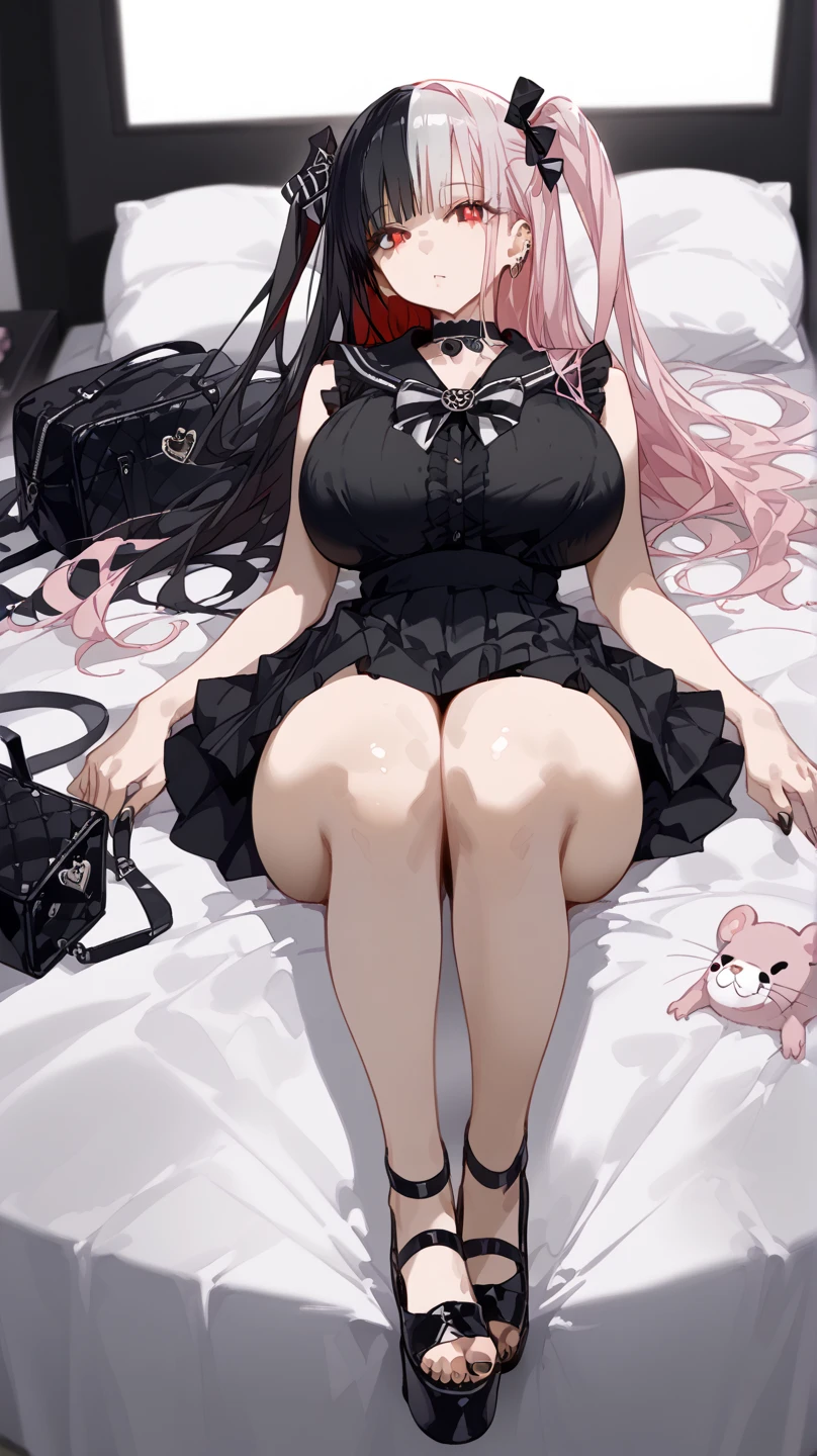 safe_Location, score_9, Alone, Solo Female , Our_(Our_akqj10  ),  satou daji style , Black and white hair, Parting Hair,  multicolored hair,  red eyes,  long hair,  Two Side Up ,   Twin Tail Toile  ,  One Girl , huge breasts,  Wide Hips ,  Thin Thighs,   long legs 、 beautiful feet ,  mouse mask, Black nails,  Platform Footwear , Lie down on a pink bed、, Cleavage, bag,  hair ornament,   Pink High Waist Skirt  ,  pleated skirt at the top of the screen,   Black Ruffle Shirt  , frilled sleeves, Sleeveless,  black shirt, black sailor collar,   Black and White Outline Neck Bow, half closed eyesカウボーイ射撃,  Watching Viewers 、(bedroom、(In the bedroom of a love hotel:1.5), hand under clothes、knees apart feet together