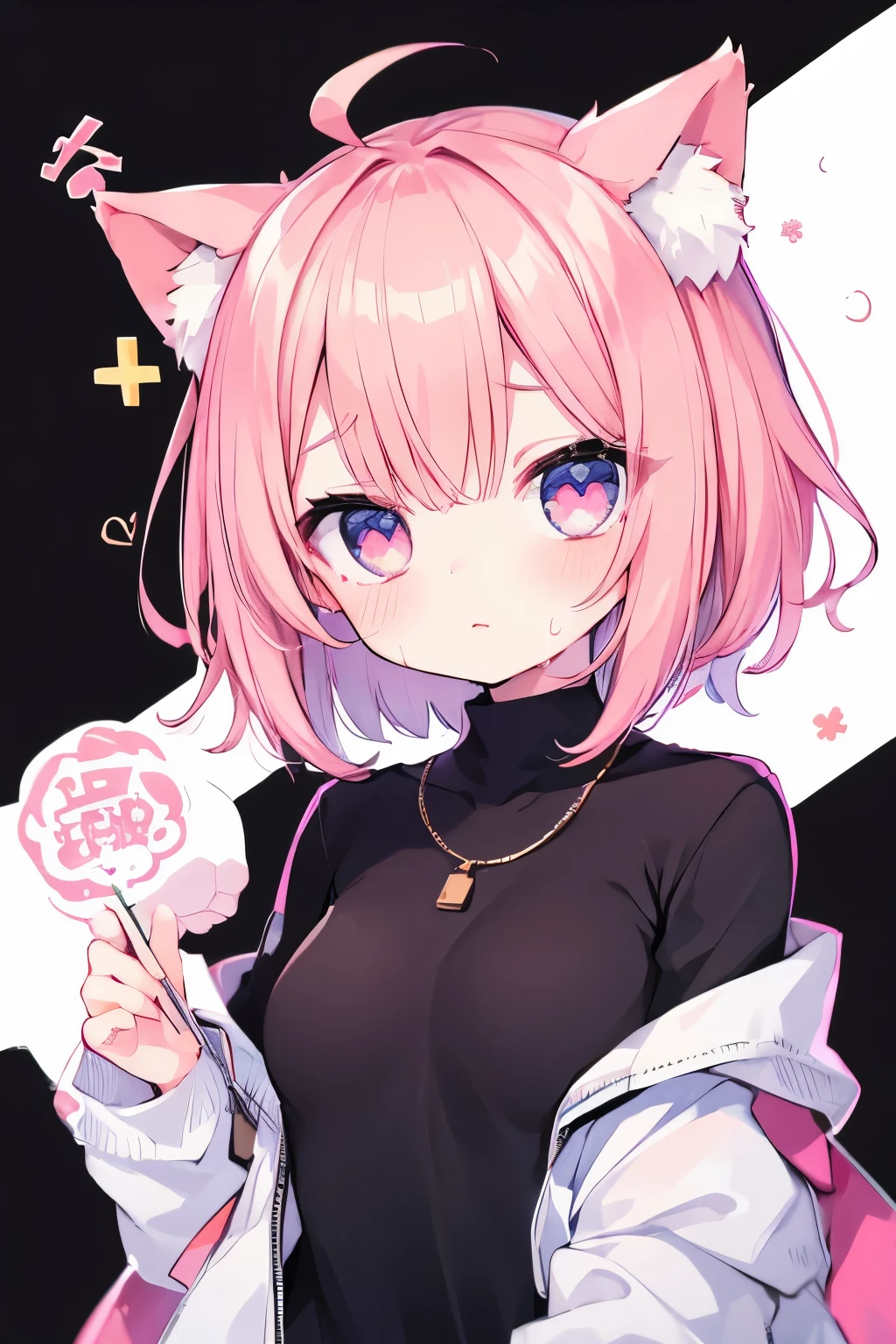 oversized jacket 、 pink hair、- Shortcut hair 、 Wearing a collar 、 、,首輪とリードをつけた elementary school girleliner 、 Eyeliner、 1 girl、 small breasts、Cat ears elementary school girl、So beautiful、 Ey、1 person、cat ears、((((( )))))、heart❤、((sweat、vapor))、flattery、 embarrassing、
