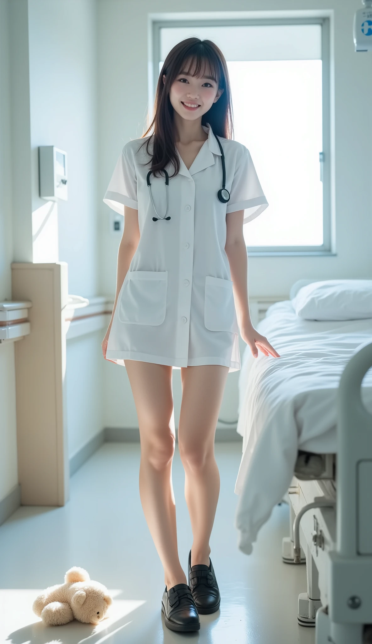 Ultra high quality “Pretty, cute and innocent image Surreal beauty 20 year old Japanese girl with big eyes is smiling broadly looking stylish and sophisticated, wearing a sexy and stylish nurse uniform nurse uniform with a stethoscope hanging around her neck, standing next to a white bed in a hospital, her long legs look gorgeous and attractive with bright reflected light Tall and working as an AV model in Japan, she specializes in sexiness with her slender body Ultra low angle shot taken from the bottom up with a 50mm lens, showing her knees to emphasize her long legs. . The lighting is even and bright, with bounced light illuminating her lower body, creating a bright, energetic and playful expression. She is wearing black shoes and a small teddy bear is lying on the hospital floor.