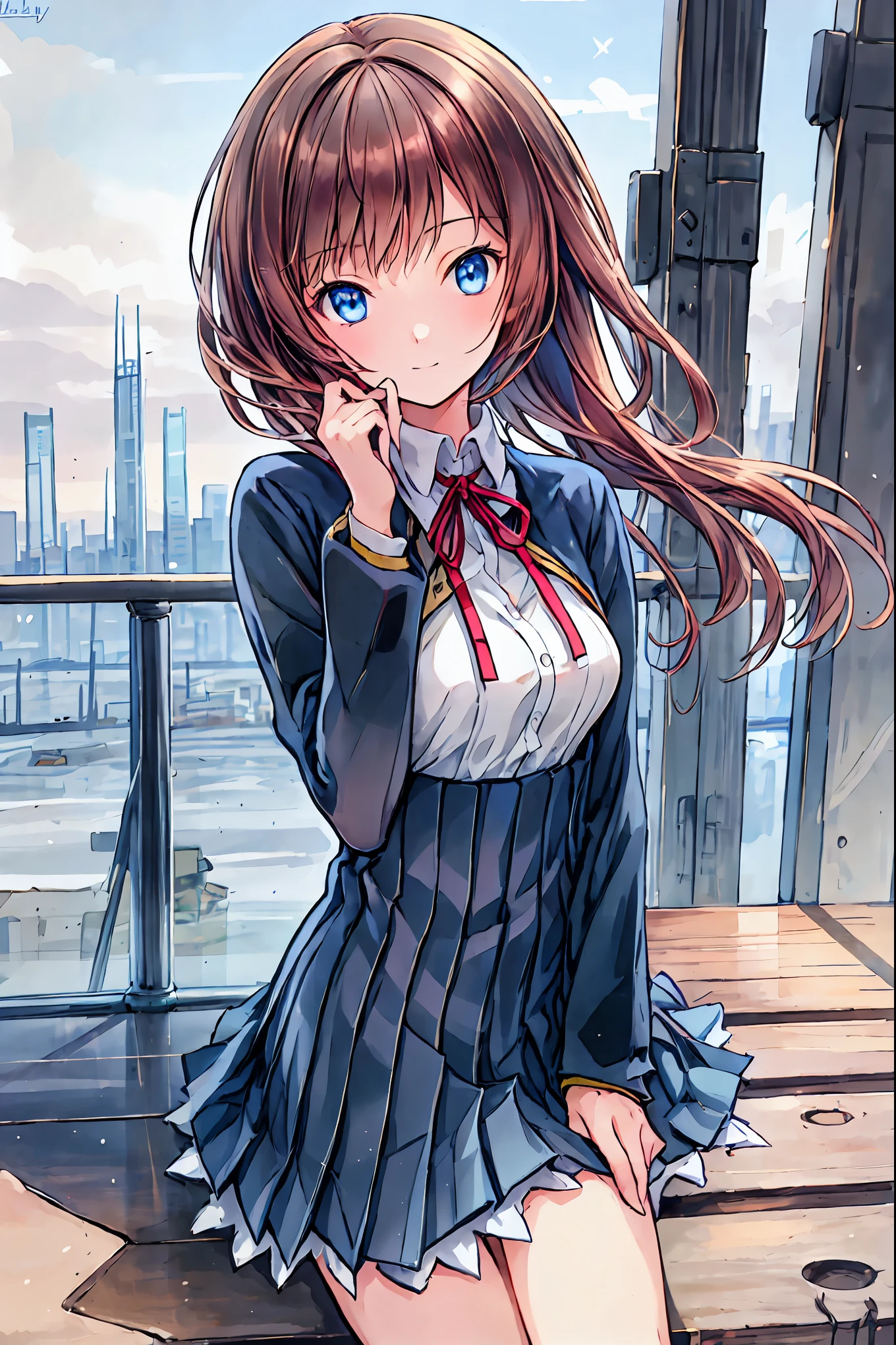 Winter clothes、Red coat、Bare legs、( top quality ,Masterpiece:1.3, Ultra-Fine ),( very detailed, caustics ,8k),( realistic :1.4,RAW shooting),18 years old, Japanese , cute, Looking at the camera and smiling ,( faces :1.2),( face close-up :1.2),(Low position:1.3),( low angle:1.4), brown hair, Shortcut , slender beauty , messy hair,Cityscape, brown hair, Shortcut , tousled hair , short braided hair,Neat, slender and beautiful woman with C cup breasts ,Correct posture, small breasts, Beautiful Legs, Enchanting gray-blue eyes shine like stars ,Droopy eyes, bright color , beautiful eyes,A delicate smile, Textured Skin, BEST QUALITY BEST , A humorous parody of a gentle and beautiful woman writing directly from the bottom of the depth of the dress border , anime style、