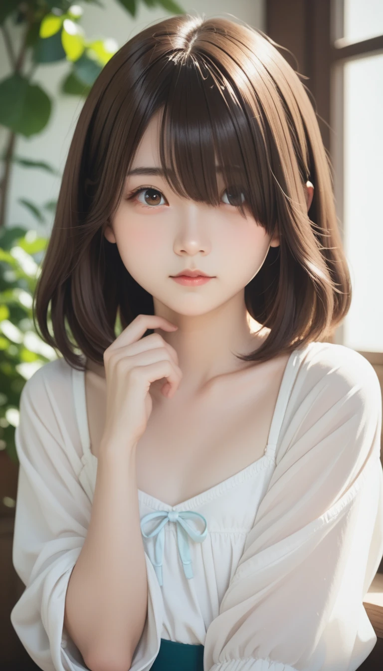 score_9, score_8_ up, score_7_ up,  One Girl , Alone,  young girl, Emotionless,  Watching Viewers ,  upper body, ( long hair,  brown hair ,  short bob , Hair covering one eye, bangs:1.3),  thin body,  little chest,  Thin Waist, They stare at me in a cute way, ( Cute outfits:1.3),  is sitting, 