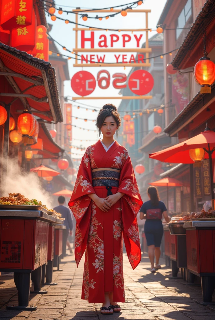 Street food scene , New Year's poster ，"  happy new year  　2025"The sign reads ，  Japanese beauty in kimono,