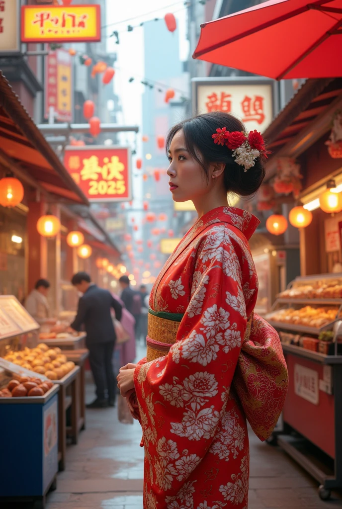 Street food scene , New Year's poster ，"  happy new year  　2025"The sign reads ，  Japanese beauty in kimono,