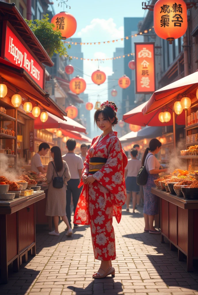 Street food scene , New Year's poster ，"  happy new year  　2025"The sign reads ，  Japanese beauty in kimono,