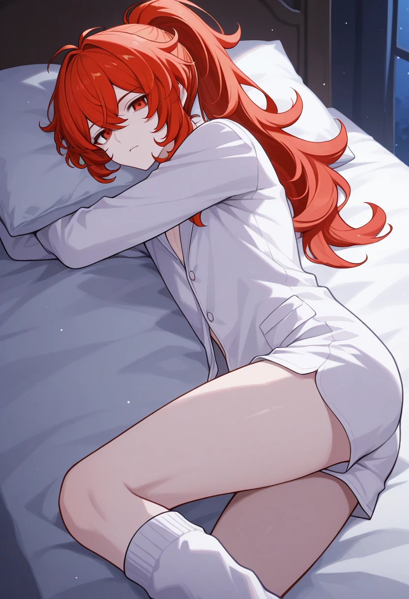 masterpiece, best quality, diluc (genshin impact), 1boy, long hair, red hair, red eyes, male focus, solo, ponytail, bangs, hair between eyes, vibrant red hair, saturated quality red hair, wibrant quality image, bed, thigh high legwarmers, stir ups, thigh high stockings huggings thighs, soft thighs, flat chest, night time, dark lighting, turned to side on bed, looking at viewer solemnly, looking at viewer, on the side, sleeping on arm, sleeping on pillow, white pajamas, looser clothes