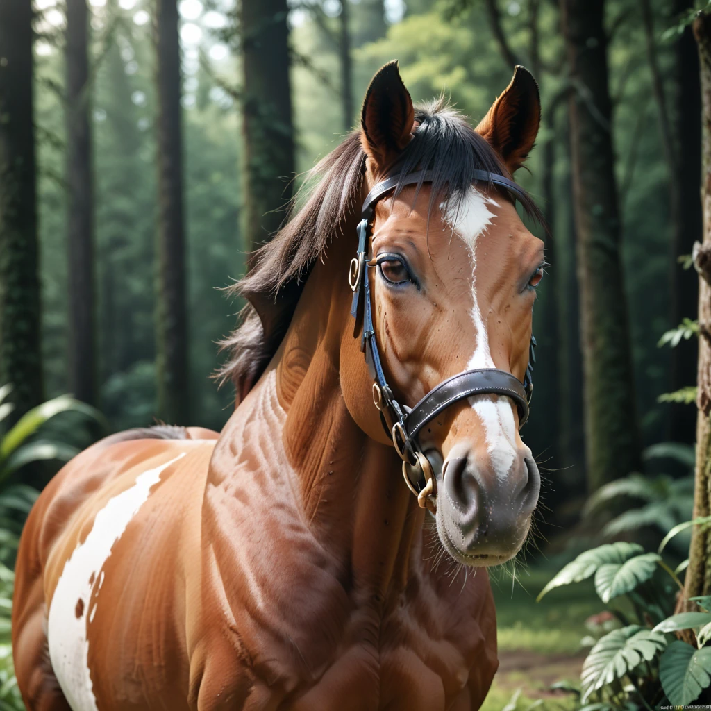  (1horse) horsegal with white fur and horse penis, in a deserted forest, masterpiece, dramatic lighting, highly detailed, depth of field