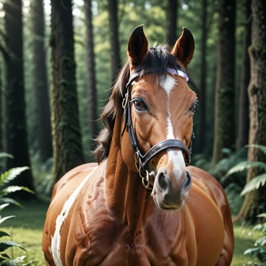  (1horse) horsegal with white fur and horse penis, in a deserted forest, masterpiece, dramatic lighting, highly detailed, depth of field