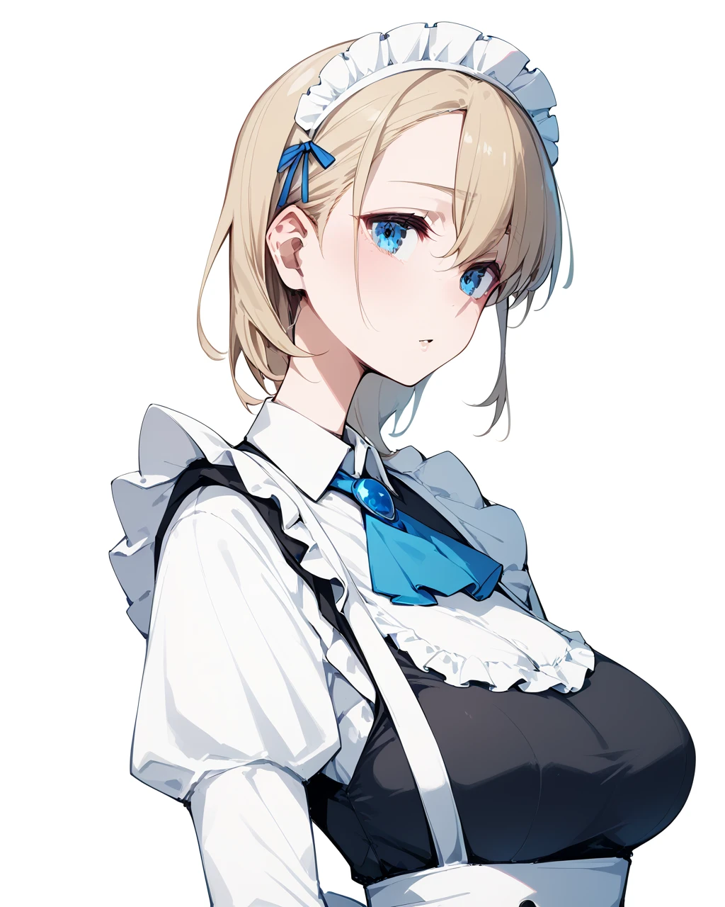 Masterpiece, top quality, one girl, hayasaka ai, Maid, Alone,  white background,  simple background, View your viewers, Shut up,  white shirt, black dress,  collared shirt ,  white apron,  Long Sleeve ,  blue scrunchy,  username,  ascot ,  Blog、 Big Breasts、 high waist skirt