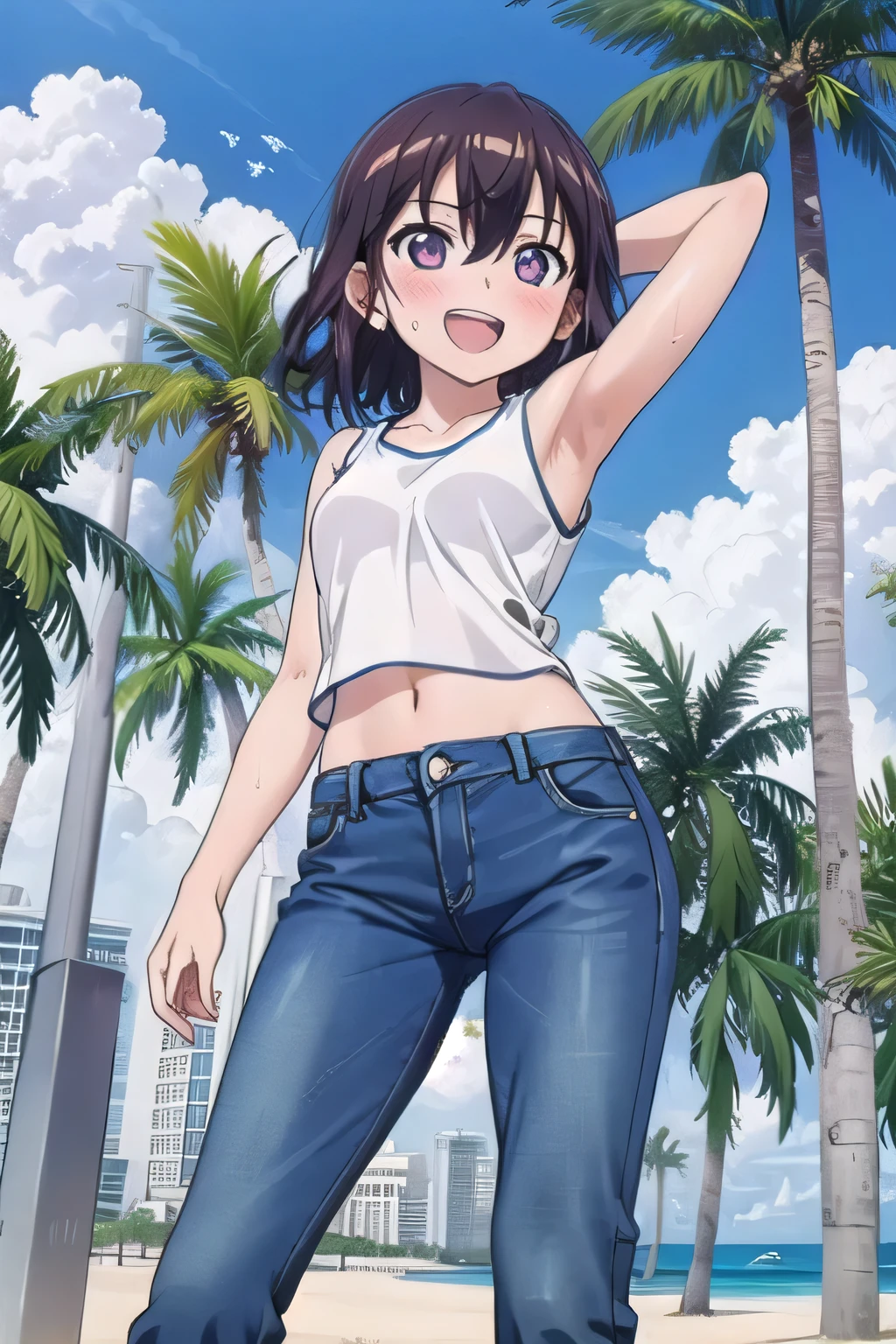 masterpiece,best quality,ultra detail, 1girl, yo, pee, ((round face, ecstasy, orgasm face, drooping eyes, shame smiling, blush)), dropping eyes, sleepy, background((under the beach, (day:1.2), palm tree, bright sky)), Himeragi Yukina, (medium hair:1.2), arms behind head, contrapposto, spread armpits, ((invisible hands, invisible fingers)), looking at viewer,, (white tank top:1.2), (white crop top:1.2), (jeans pants:1.2, flares jeans:1.2, skinny jeans:1.2, blue jeans:1.2), standing, (legs spread:1.2), sex pose, Sweaty crotch, Steam from the crotch, from below, full medium body