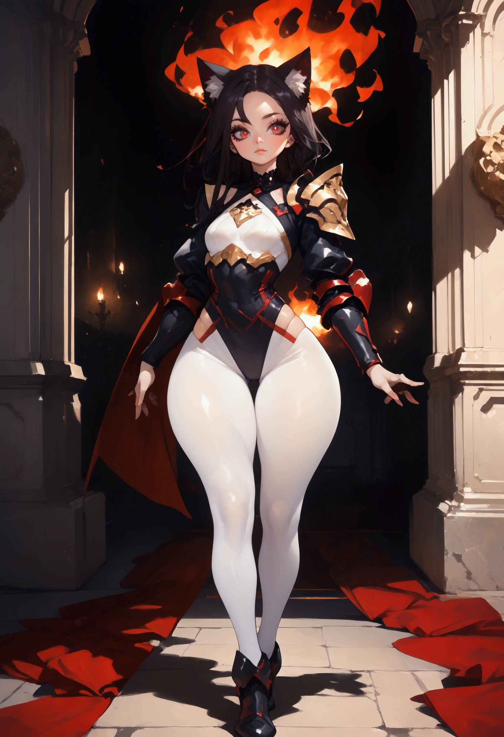 A ite cat girl with long perfect black hair and intense fiery red eyes, clad in oversized simple shining grey full entire body plate armor with overlaying holy white cloth underlayer of black tights, armored plate thigh high leggings, armored boots, armed for combat, cute, armor. long black furred cat tail, long legs, thick firm thighs, wide hips, athletic form, firm ass, full body in frame, wholebody.