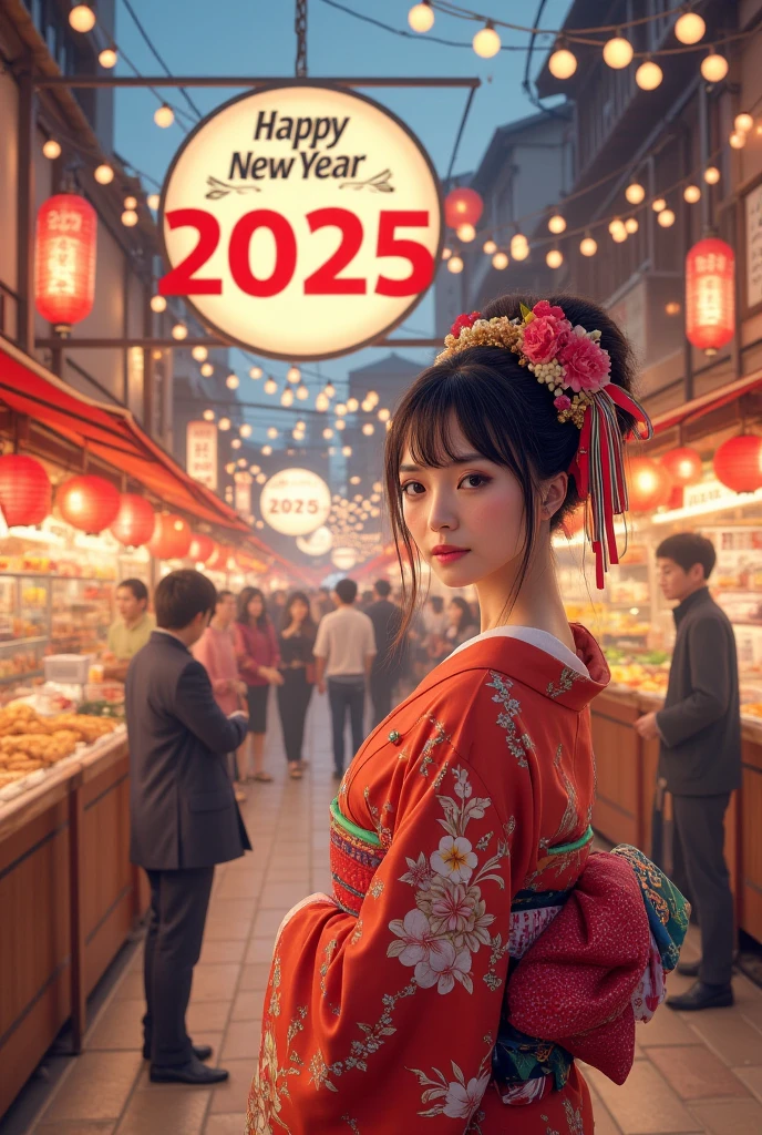 Street food scene ,New Year's anime，"  happy new year  　2025"The sign reads ，  Japanese beauty in kimono,