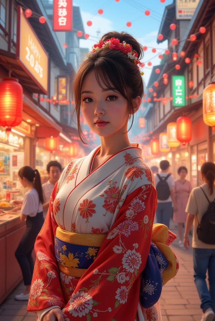 Street food scene ,New Year's anime，"  happy new year  　2025"The sign reads ，  Japanese beauty in kimono,