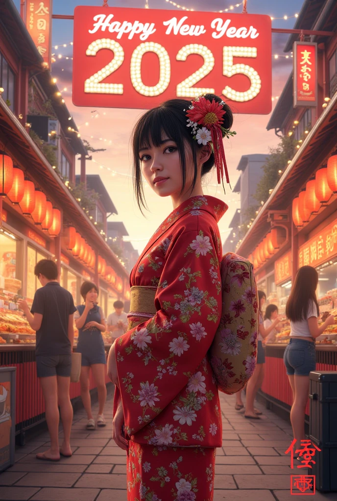 Street food scene ,New Year's anime，"  happy new year  　2025"The sign reads ，  Japanese beauty in kimono,