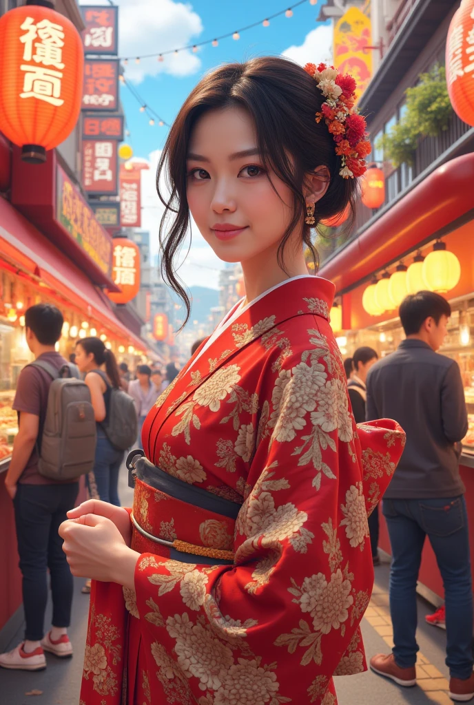 Street food scene ,New Year's anime，"  happy new year  　2025"The sign reads ，  Japanese beauty in kimono,