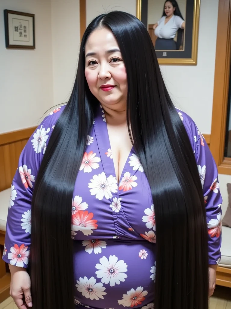 8k, top quality, masterpiece,  ultra high definition,(masterpiece:1.6,  top quality),  detailed information on dark black hair,  1 Woman , Middle-aged woman in her 50s ,  Japanese ,  full body,  top of head, ((ridiculously long  hair:1.5)),((Jet Black Hair:1.5)), ((forehead:1.5)),((Extremely obese, Fat face, round face, Saggy face, crow's feet wrinkies:1.4)),  ((huge breasts, gigantic breasts:1.5)), ((super Saggy breasts:1.5)), ((pale skin,shiny skin, make up, red lips:1.4)),((Mature woman seduces younger man while brushing up ridiculously long dark hair covering her face, Purple yukata,Veranda of an old Japanese house, Ridiculously Long Black Hair Shines in the Sun:,Her ridiculously long black hair has reached the floor :1.5))