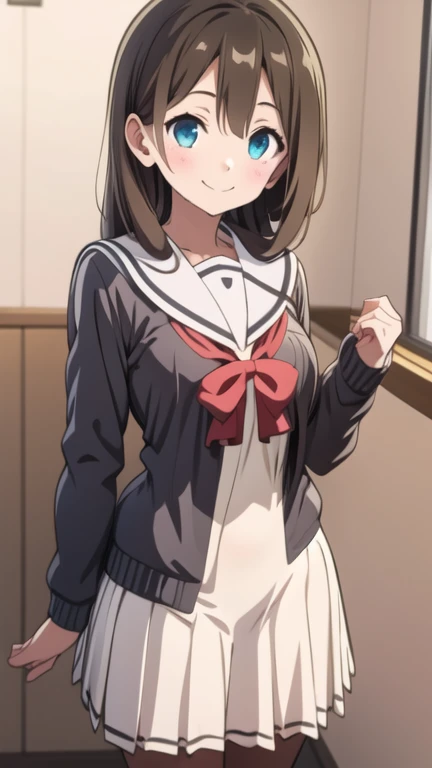  a girl, Alone, brown hair, long hair, sonrisa, sanshuu middle school uniform