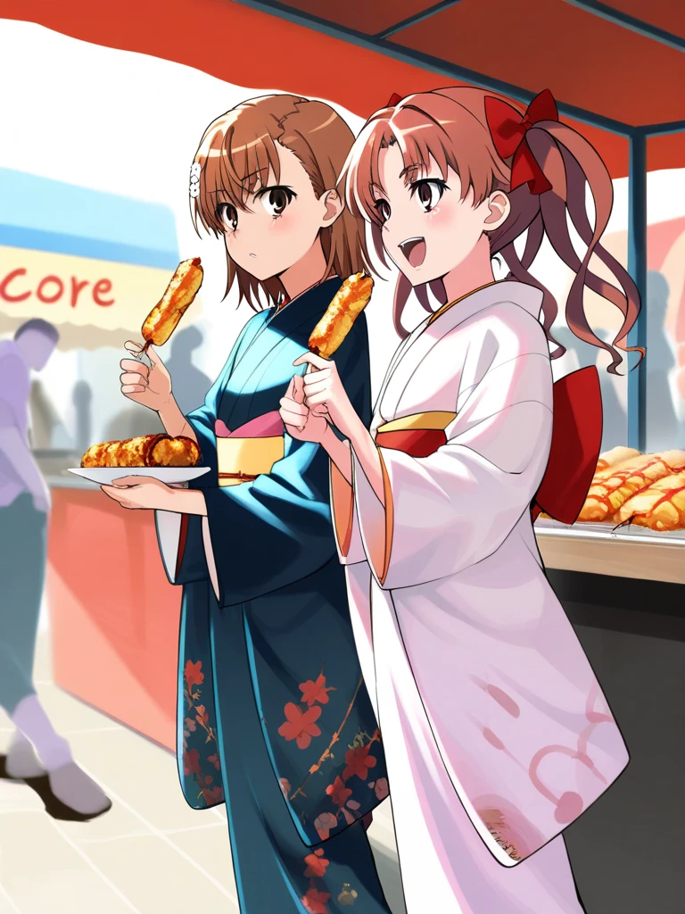 masterpiece, best quality, two girls, misaka mikoto, toaru kagaku no railgun, shirai kuroko, toaru kagaku no railgun, Furisode, These women happily eat their way through the food stalls where people are passing by., Street Food Stall,