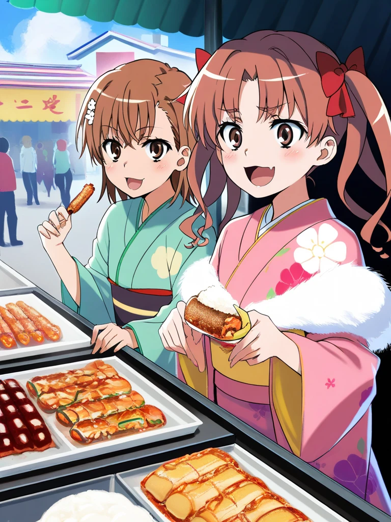 masterpiece, best quality, two girls, misaka mikoto, toaru kagaku no railgun, shirai kuroko, toaru kagaku no railgun, Furisode, These women happily eat their way through the food stalls where people are passing by., Street Food Stall,