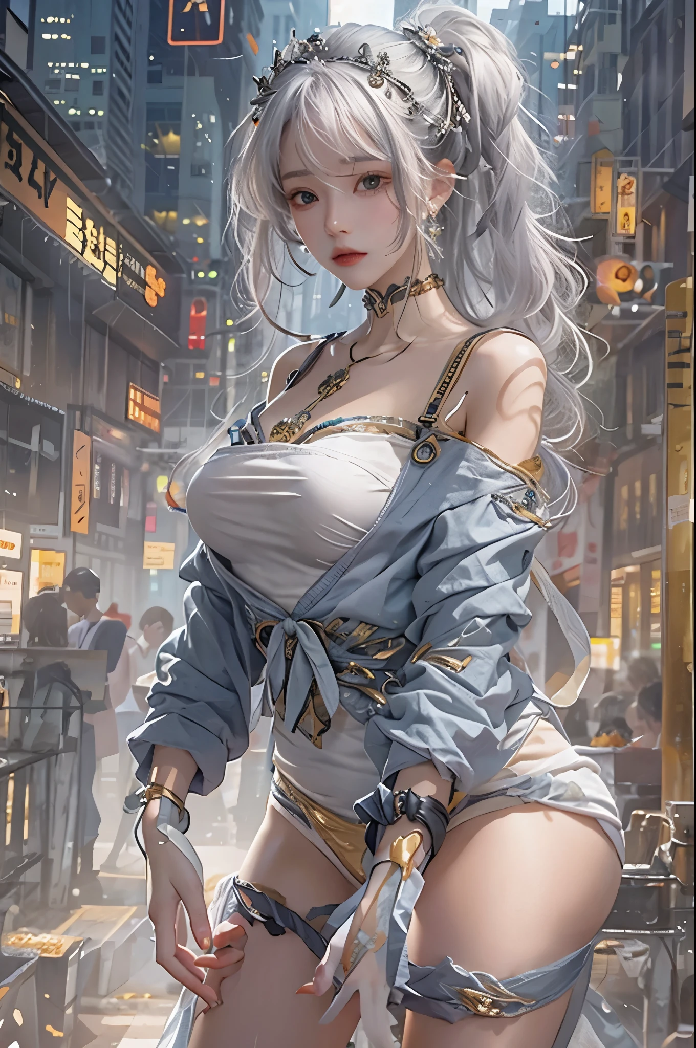 (photorealistic:1.8, highest quality:1.8,8K masterpiece:1.8,High resolution,muste piece:1.8,RAW Photos,cinematic lighting),No split screen, cyber punk、Back alley of the city at night、rain-soaked ground、vapor、
(1 android girl:1.3)、Completely naked、Full body tattoo、choker、beautiful breasts、shirt、Denim Micro Shorts、beautiful butt,beautiful thighs,plump nipples、Nipples are visible through the costume,cameltoe,Body painting with a pop design drawn all over the body、pop art design、cutting edge fashion、conceptual art、
Provocative sexy poses、look back、spread your legs、(Beautiful, shining pale-white, gray-gold hair:1.5)、shining blue eyes、Stoic