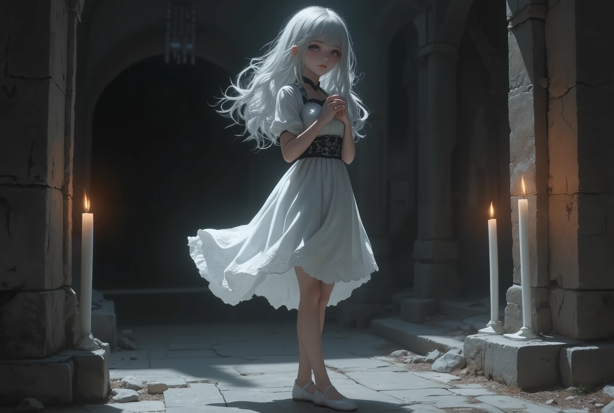 1girl\(very beautiful shrine maiden,white shrine maiden around , White hair, long hair, slightly curled at the ends, hair fluttering in the breeze, pupil-less eyes, dress\(soft fabric, geometric embroidery on the hem, black ribbon on the waist, knee-length, short-sleeved\), white flat shoes, delicate and beautiful texture like a doll, an atmosphere of holiness and anxiety\),She stands gracefully in a dark, abandoned hall. Her pose, turned to the side, accentuates her soft features and intricate hairstyle, while her hands, folded gently on her chest, convey a sense of uncertainty. Her shining white dress reflects the warm light of the candles around her, creating a soft interplay of light and shadow. The flickering candles create a magical atmosphere, and the contrast between the small altar and the large hall in dark stone forms an ominous backdrop. Her hair and