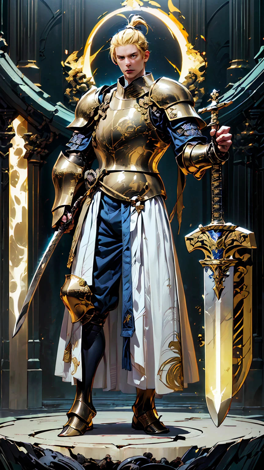 (((Masterpiece,  top quality,  Details, 8k)))  Game Character Layout Showcase, (  1 boy).white+ Gold Armor,  stylish and unique  .(( Show off your weapons  :1.4)), Holy Scepter  .(Masterpiece:1.2), (  top quality), 4K, 超  Details.(  Step by Step Design  , Layout Art:1.5), (Shine , air light).Priest, (((グローブfull 手)), ((( Exposed Armor :1.3))),  arm guard ,  Legwear with Armor  , (((full_body_shot:1.4))).{ The Holy Temple }. picnic 、  His Hair Color Is Golden  .、 knight 、 Fire Force、Arthur、Blue Eye、 Magic Wand、  Japanese style 、サムライknight 、whiteいマント、Blue Sword 