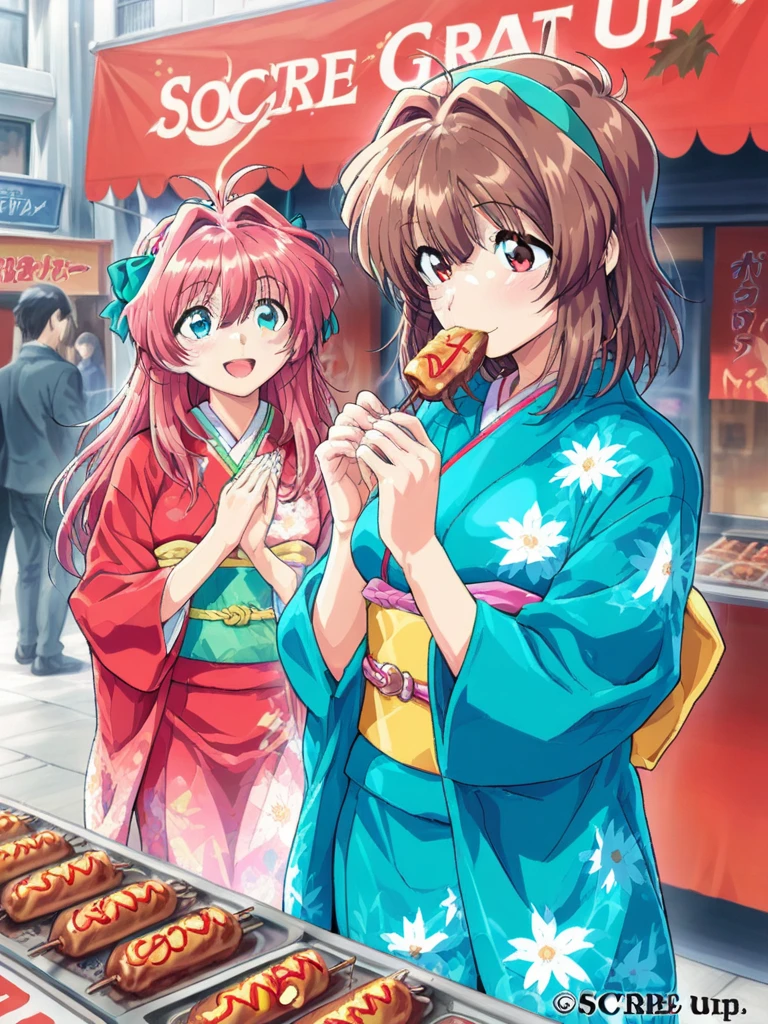 masterpiece, best quality, two girls, misaka mikoto, toaru kagaku no railgun, shirai kuroko, toaru kagaku no railgun, Furisode, These women happily eat their way through the food stalls where people are passing by., Street Food Stall,