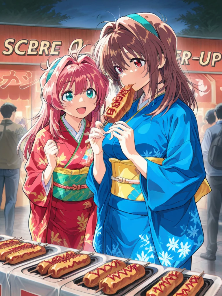 masterpiece, best quality, two girls, misaka mikoto, toaru kagaku no railgun, shirai kuroko, toaru kagaku no railgun, Furisode, These women happily eat their way through the food stalls where people are passing by., Street Food Stall,